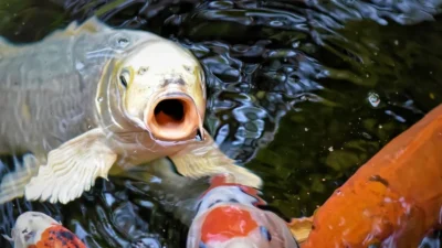 Gambar ikan koi close up di kolam