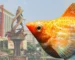 Gambar ikan molly balon golden dengan background tugu selais tiga sepadan