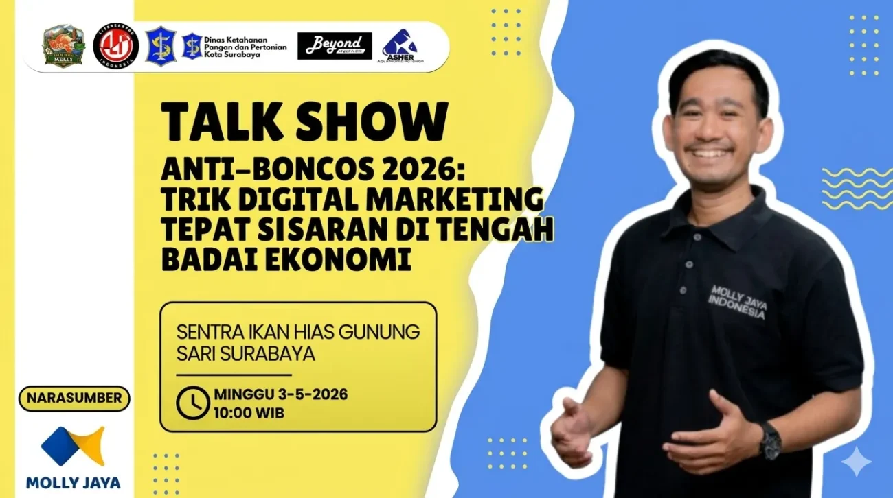 Gambar poster talk show digital marketing molly jaya di kontes ikan molly